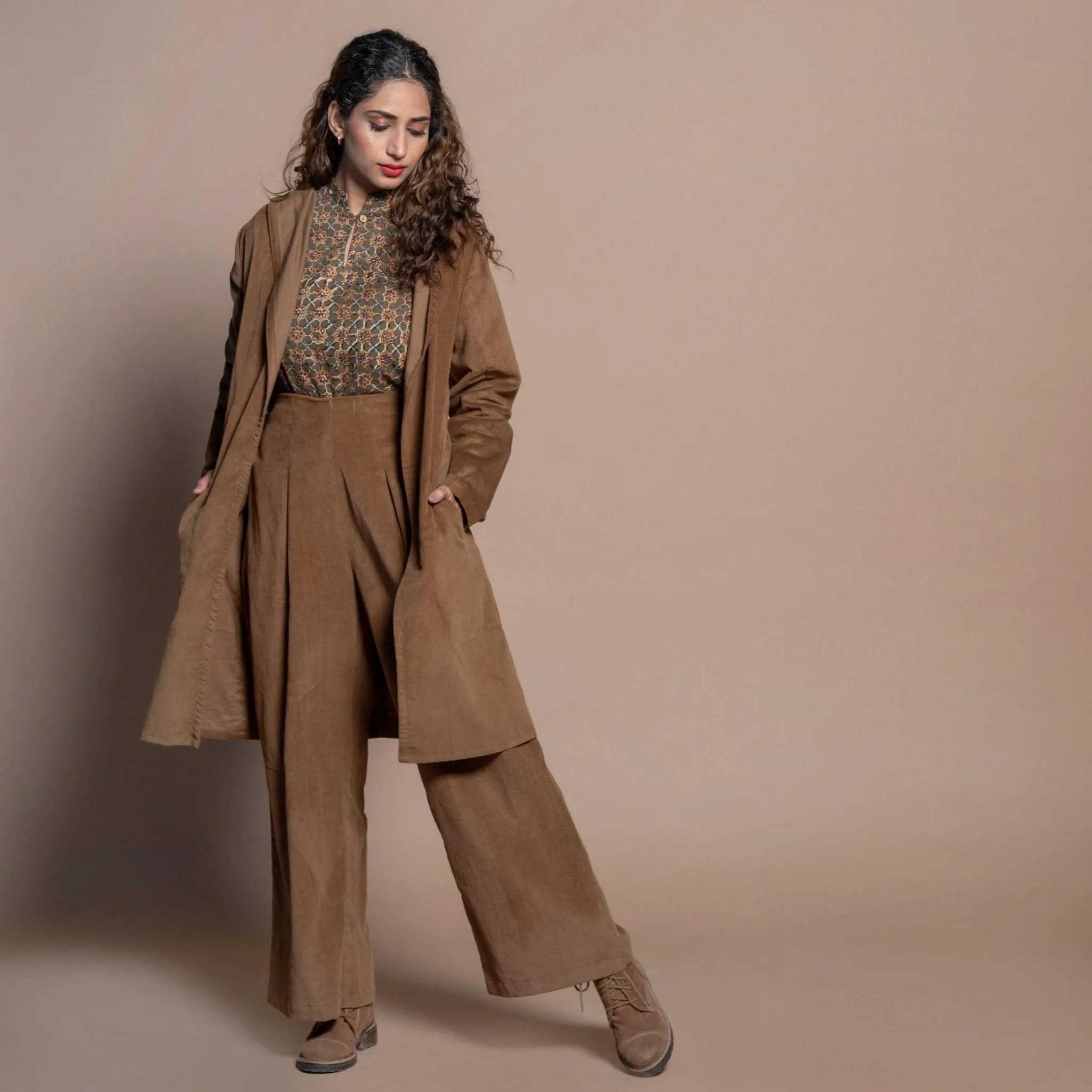 Camel Brown Cotton Velvet Front Open Hoodie Jacket