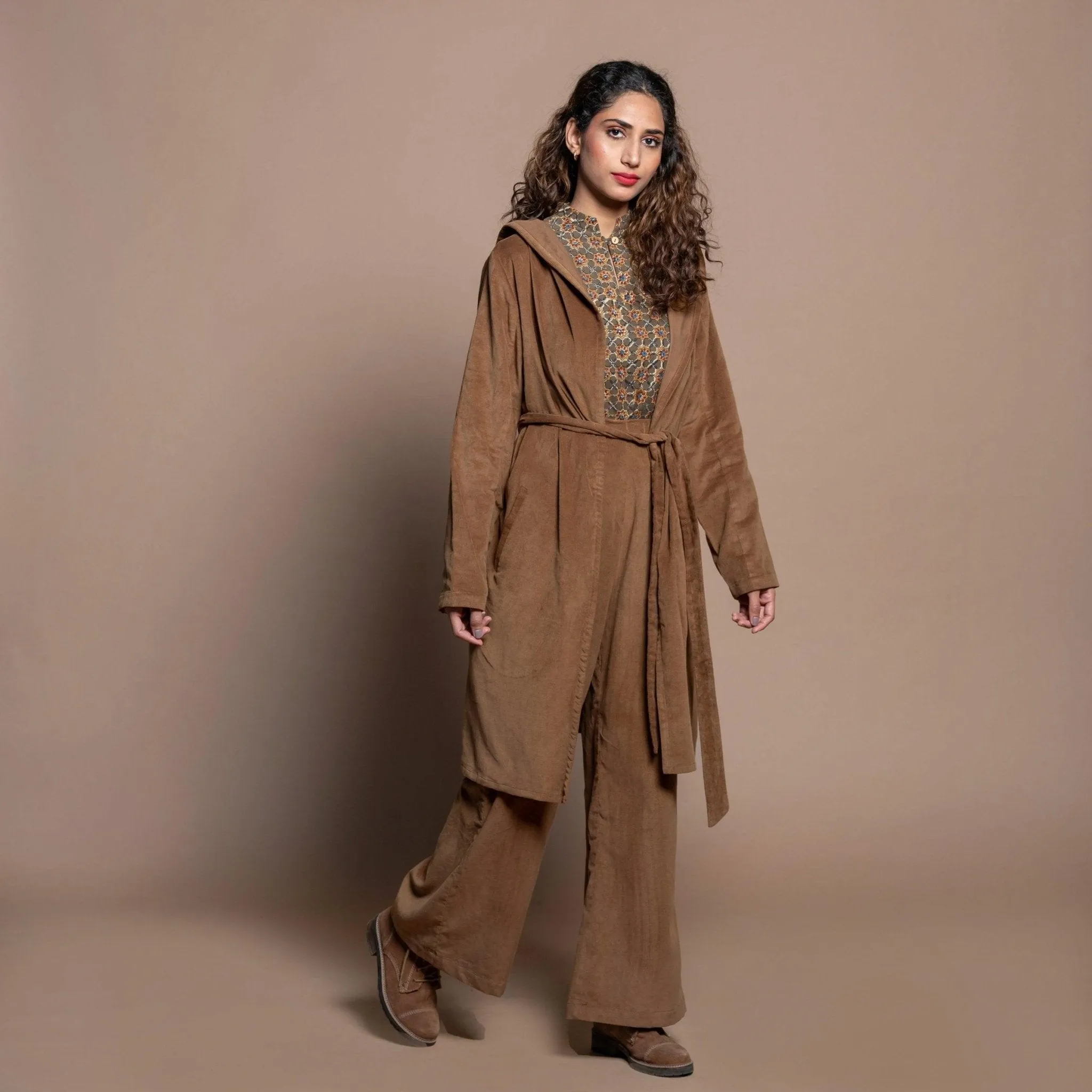 Camel Brown Cotton Velvet Front Open Hoodie Jacket