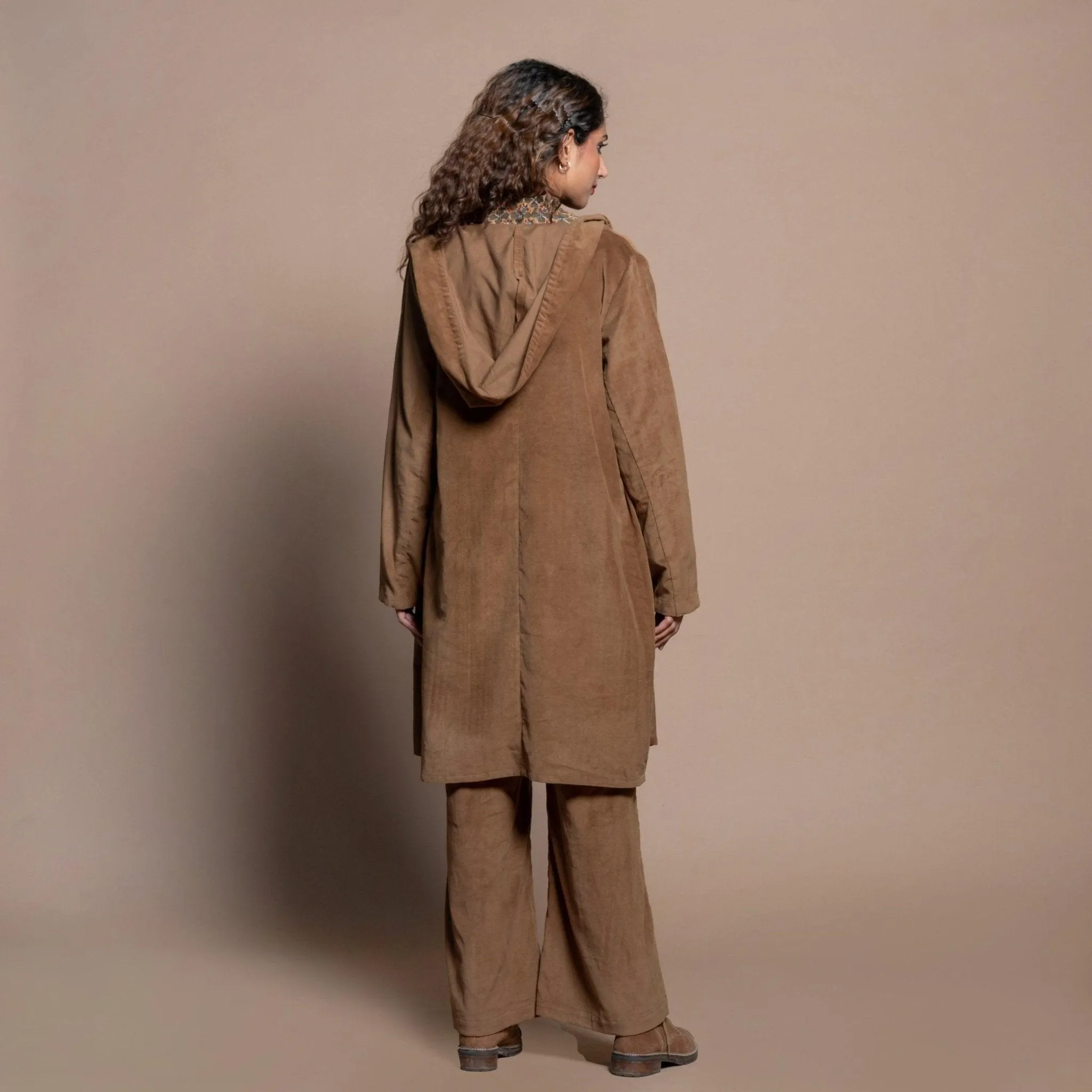 Camel Brown Cotton Velvet Front Open Hoodie Jacket