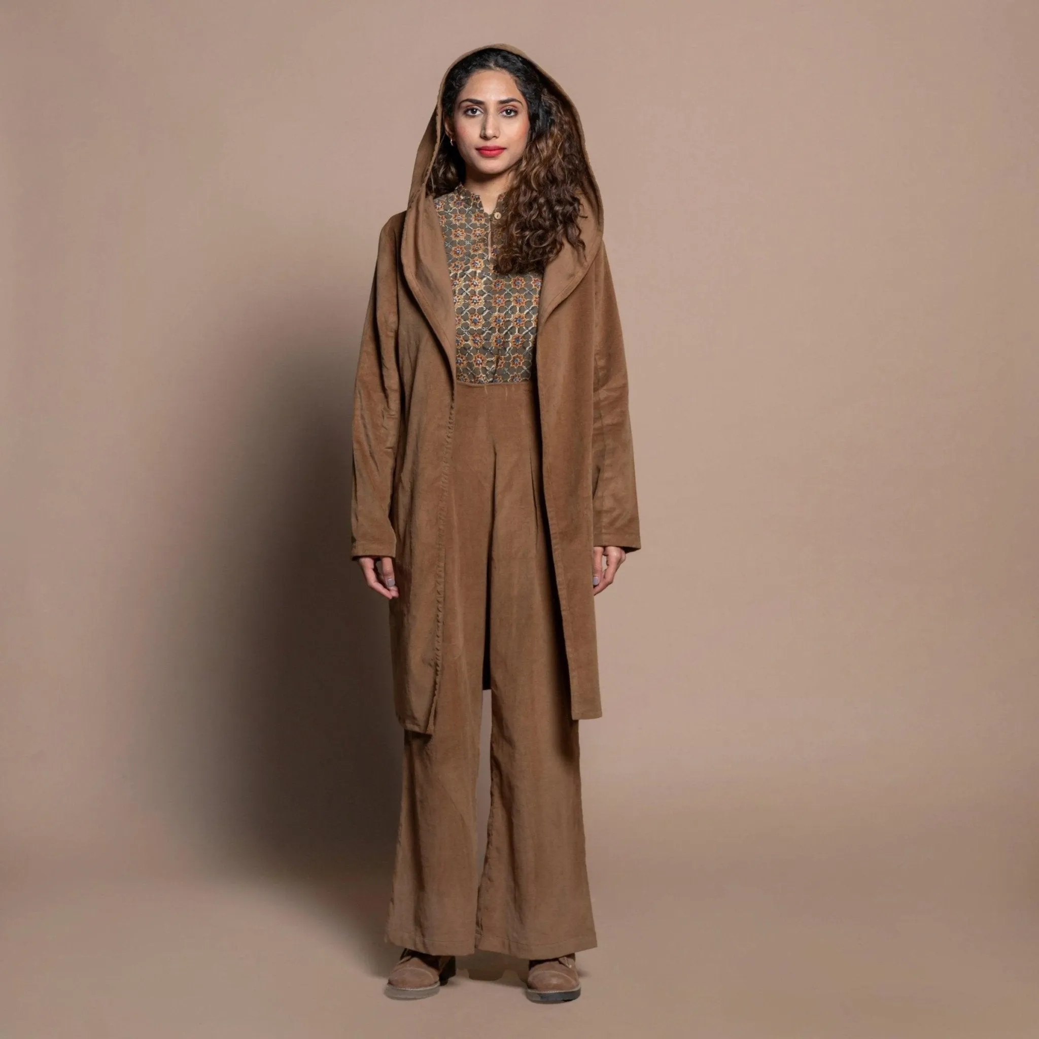 Camel Brown Cotton Velvet Front Open Hoodie Jacket