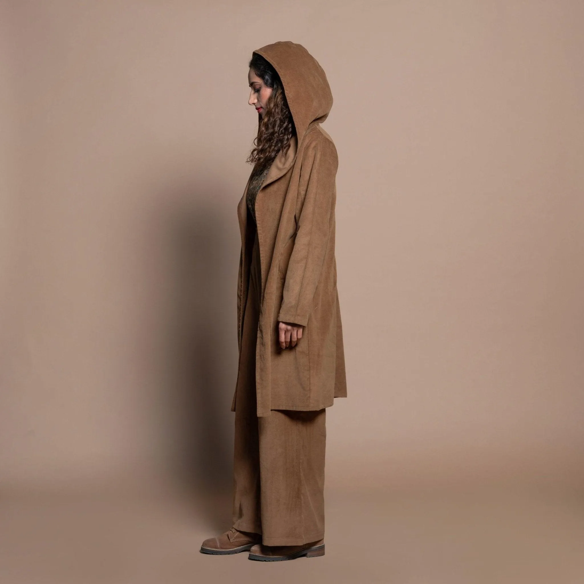 Camel Brown Cotton Velvet Front Open Hoodie Jacket