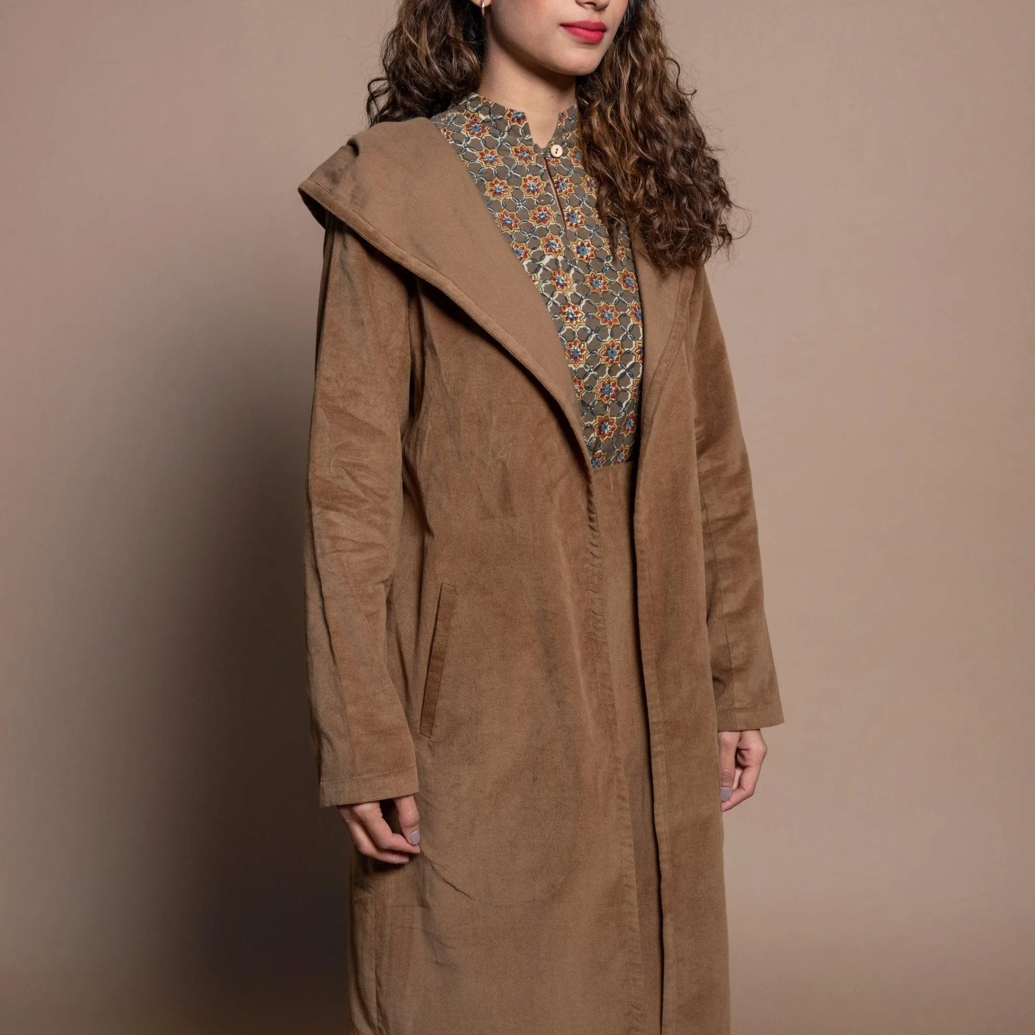 Camel Brown Cotton Velvet Front Open Hoodie Jacket