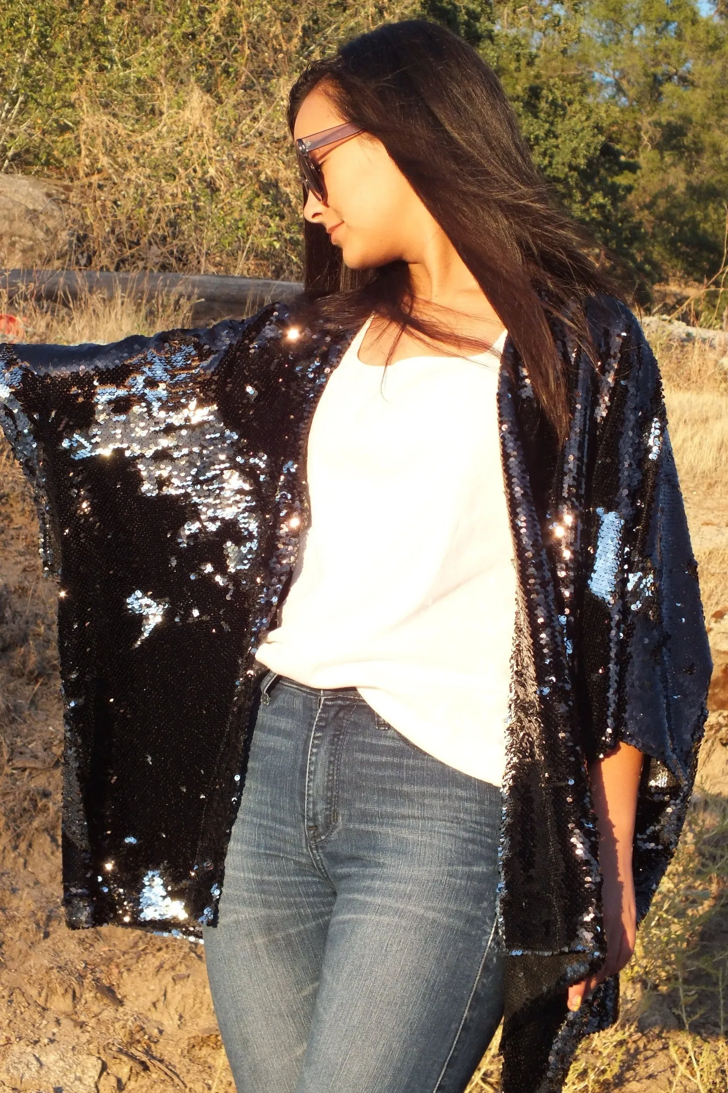 Custom listing...Black Silver Reversible Sequin Kimono Top