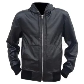 Leather Skin Men Black Hooded Hoodie Genuine Leather Jacket