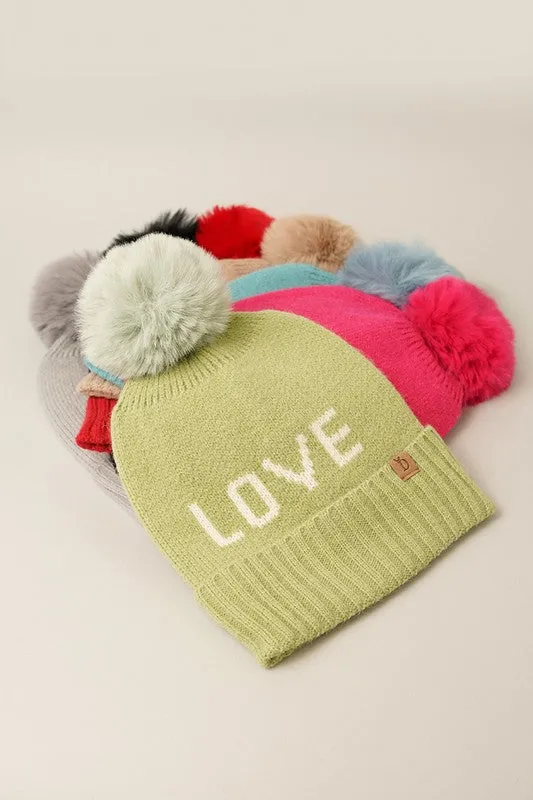 LOVE Ribbed Cuff Knit Beanie Hat w Pom Pom