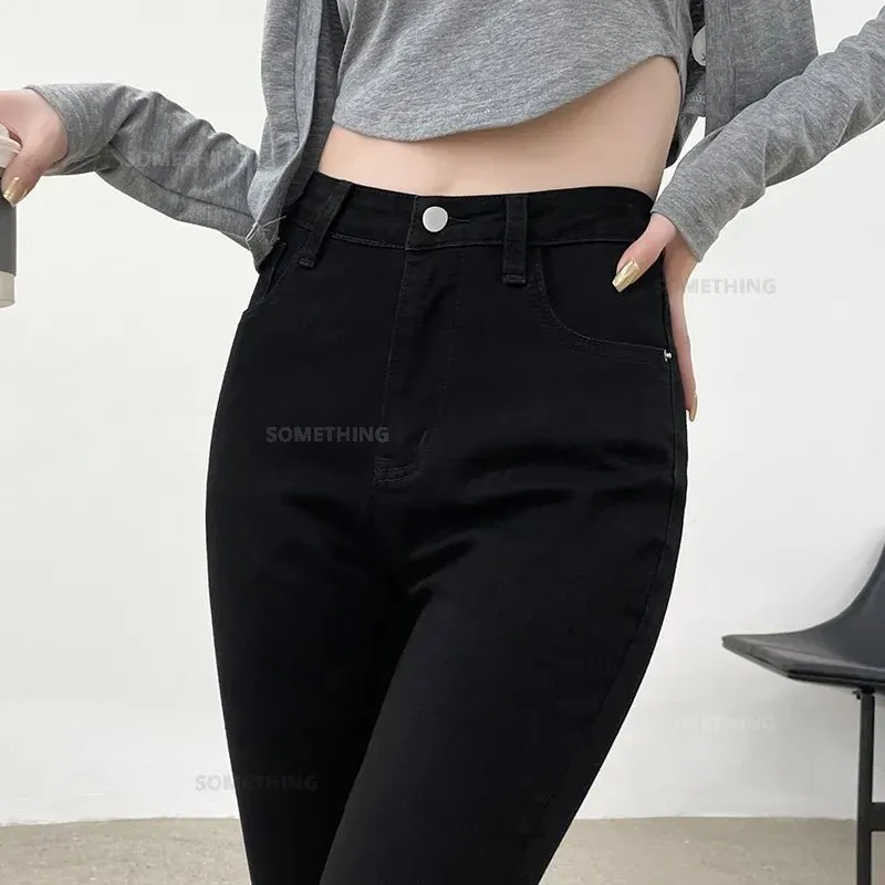 Stretch Denim Skinny Jeans for Women Hip Lift Casual Slim Fit Trousers in Black Gray Blue