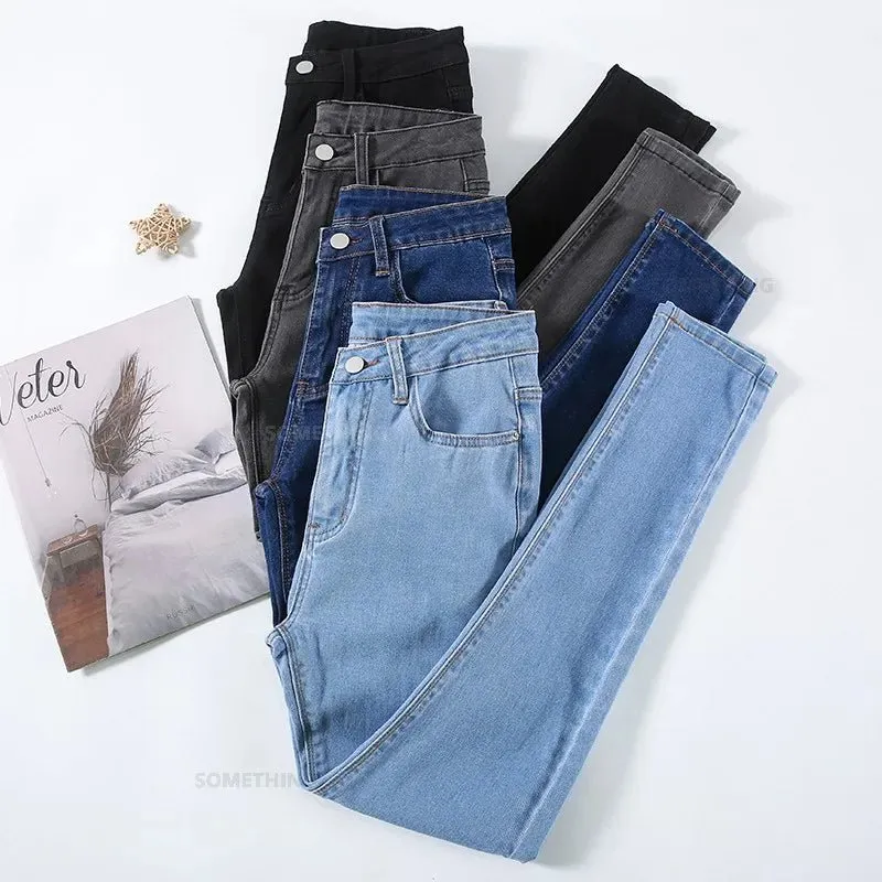 Stretch Denim Skinny Jeans for Women Hip Lift Casual Slim Fit Trousers in Black Gray Blue